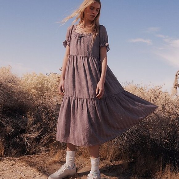 153 Madewell Square-Neck Tiered Midi Dress in Textured Seersucker Fig sz XXL - Picture 6 of 10